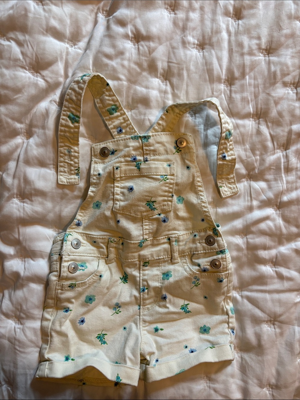 wonder nation Cream Floral Short Overalls with Blue & Green Blossoms 2t